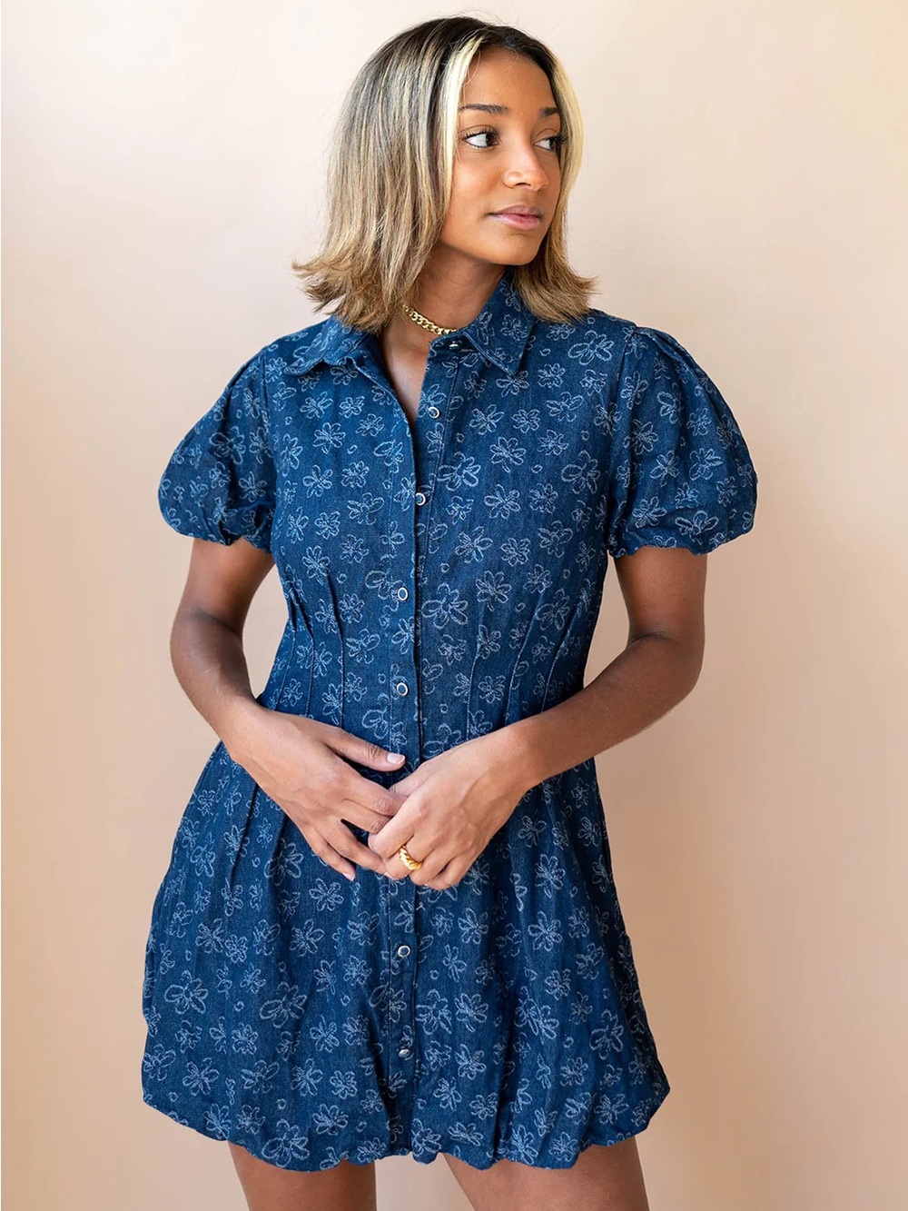 Denim Floral Button-Front Puff Sleeve Dress